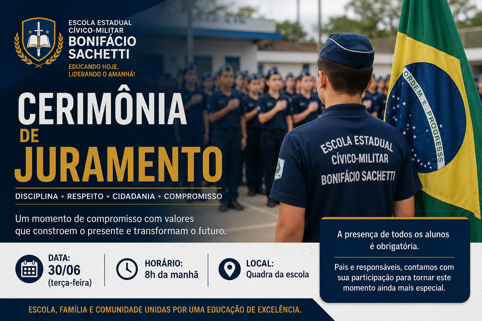 Escola Cívico-Militar Bonifácio Sachetti realiza cerimônia de juramento nesta terça-feira